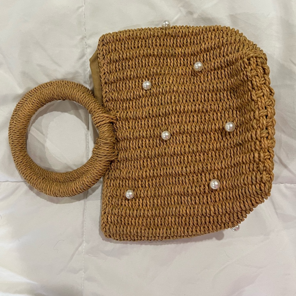 Jcrew Woven Straw Pearl Accent Handbag - Camel.NWOT - Picture 6 of 6